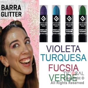 MAQUILLAJE ARTISTICO EN BARRA GLITTER PARA EL CUERPO FUCSIA VERDE TURQ VIOL SURT4 x 4 PINTAFAN